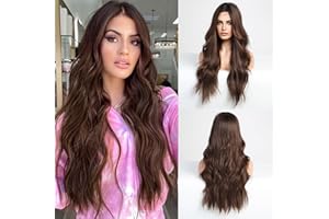 HAIRCUBE Długie kręcone peruki z przodu, naturalne peruki dla kobiet, część środkowa, falowane, odporne na wysokie temperatury, syntetyczne peruki (ciemnobrązowe)