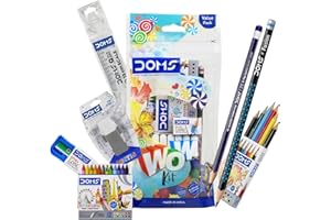 Doms WOW Kit – Set Scuola con 2 Matite Grafite, 6 Matite Colorate, 12 Pastelli a Cera, Righello 15 cm, Gomma, Gomma con Portagomma e Temperamatite