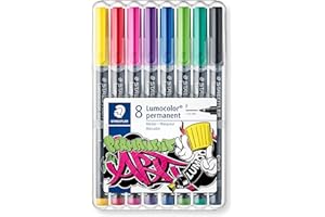 Staedtler Lumocolor markery permanentne, odporne na rozmazywanie i działanie wody na prawie wszystkich powierzchniach, wysycha w ciągu kilku sekund, szerokość linii F ok. 0,6 mm, 8 markerów w pudełku