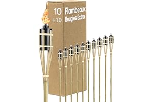 STAR - LINE 10 Torches de Jardin en Bambou avec 10 Mèche - Longue Durée de Combustion - Torches à Huile pour l’extérieur - Rechargeable