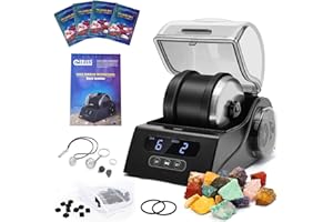 Tryes Rock Tumbler Kit de polissage pour adultes avec couvercle de réduction du bruit, contrôle de la vitesse et de la minuterie, comprend 4 grains de polissage, pierres précieuses brutes, guide