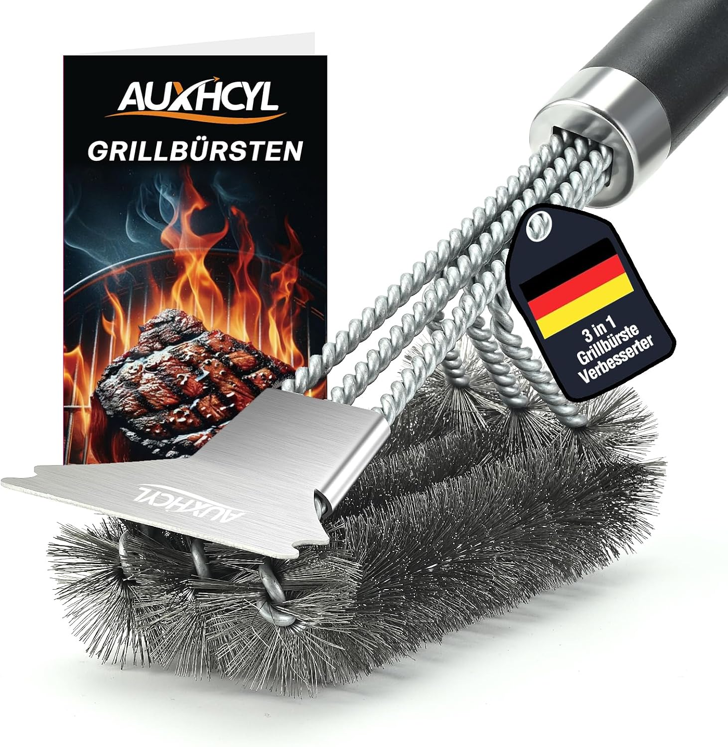 AUXHCYL Cepillo Barbacoa Inoxidable, 3-in-1 Cepillo para Parrilla con Raspador, 45.5cm Largo PP Aislamiento Térmico Mango Cepillo Barbacoa de Limpieza para Parrilla de Gas y Parrilla de Carbón