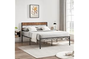 VECELO Double Metal Platform Bed Frame with Rustic Vintage Wooden Headboard, Heavy Duty Metal Slats Support, Platform Mattress Base No Box Spring Needed, No Noise, Easy Assembly