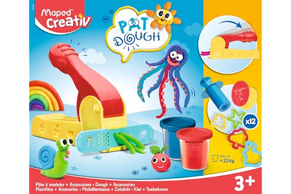 Maped Creativ - Pâte à Modeler Pat'Dough pour Enfants Non Toxique et Douce - 4 Pots de Pâte à Modeler et 12 accessoires - 4 Pots de 56g Blanc, Bleu, Rouge, Jaune