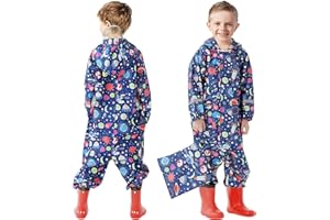 FILOWA Kids Puddle Suit Boys Waterproof Suit All in One Rainsuit Children Hooded Raincoat Lightweight Portable Breathable Rainwear and Easy to Dry Muddy Suit for Childs 1-9 Years