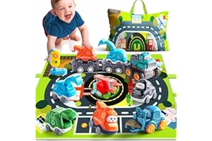 lerrbo 6 véhicules Avec remorque, Carte et Feux de Circulation Jaunes, Tapis de Jeu et Sac de Rangement, Jouets Pour bébé de 1 à 2 Ans et 3 Ans, Cadeau d'anniversaire Pour garçon de 1 à 2 Ans.