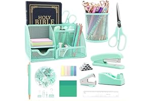 QPENGUINBABIES Organisateurs de bureau et accessoires 12 en 1 vert sarcelle, cadeaux verts pour collègues, fournitures de bureau vertes avec agrafeuse, porte-stylo, support de ruban adhésif, agrafes, ciseaux, règle,