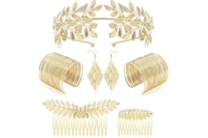 JeryWe 6/7 Pcs Greek Goddess Costume Accessories Set for Women Leaf Crown Headband Coil Upper Arm Bracelet Leaf Dangle Earrings Leaves Bridal Hair Comb Wedding Headpiece Halloween Party Gold/Silver
