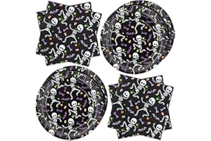 ZVK Stoviglie per festa di Halloween, Scheletro Nero 40 pezzi Set di Piatti e Tovaglioli di carta monouso per feste di Halloween