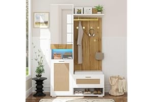 Ymkua Garderobenset Wandgarderobe mit LED-Leuchten, Flurgarderobe Set mit Schuhbank, Spiegel und Kissen, Garderoben Set mit 5 Kleiderhaken und Türen, Wandgarderobe, Kompaktgarderobe, 110Lx38Bx190H cm