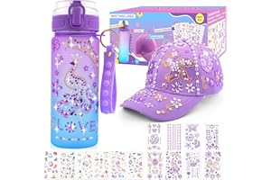 Geschenke für Mädchen 5 6 7 8 9 10 11 12 Jahre, DIY Trinkflasche und Baseballkappe Weihnachtsgeschenke für Mädchen Einhorn Aufkleber Selbst Gestalten Glitzer Edelstein Geburtstag Basteln, Lila