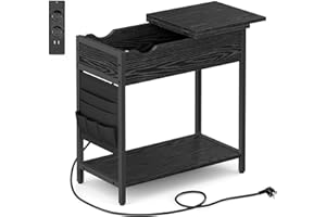 VASAGLE Tavolino con Multipresa, Tavolino Stretto con Porte USB, Sacchi, Comodino, per Salotto Soggiorno, Camera da Letto, Nero Effetto Legno LET311B56