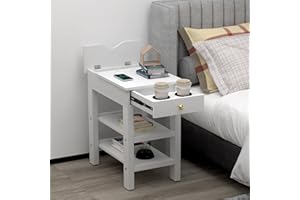 Lvhecforhm Comodini con Stazione di Ricarica, Comodini Camera da Letto con 1 Cassetti e USB, Comodino con Portabicchieri 60x38x60cm, Mensola Portaoggetti per Comodino Bianco Moderno