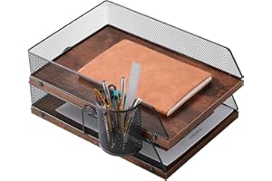 RESTORGAN Briefablage, Stapelbarer Schreibtisch Organizer mit Stifthalter, Dokumentenablage, Stapelbare Aktenablagen für A4-Papier, Papierablage Organizer aus Holz für Zuhause,Büro,Schule