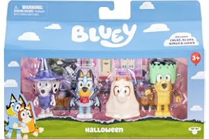 Bluey Figur 4-Pack, Halloween, 6,3 Cm Posable Figures av Bingo, Chloe & Lucky Klädda i Halloweenkostymer, Med Tillbehör, Barn