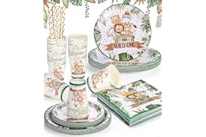 HEUCHAEY Safari dżungla baby shower dekoracje，30 gości chłopiec artykuły na przyjęcie urodzinowe，zielone zwierzęta tematyczne talerze serwetki kubki i słomki ，jednorazowa zastawa stołowa zestaw