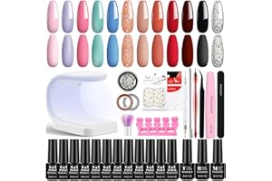 Phoenixy Kit Semipermanente Unghie con U V/LED Lampada 6W, 12 Colori Rosso Marrone Glitter Smalto Semipermanente Unghie Kit con Matt Top Base Coat Regali per Principianti
