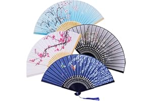 Leikedun 4 Pack Silk Fabric Hand Fans, Chinese Fan, Hollow Carved Bamboo Folding Hand Fan Handheld Fan for Wedding, Gifts, Performance, Dancing, Home Decoration