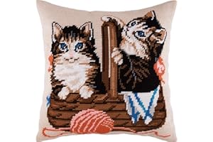 ‎BRVSK Brvsk Kätzchen in einem Korb. Needlepoint Kit. Dekokissen 16×16 Zoll. Bedruckter Wandteppich, europäische Qualität