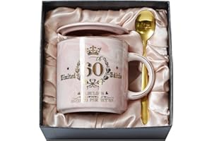 BICHING 60th Birthday Gifts for Women - Fabulous 60 Limited Edition Birthday Marble Mug Printed with Gold - 14oz Pink - Turning 60 Years Old Happy Bday Present for Her Friend Women Mum, Lid, Card, Gift Boxed