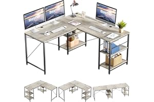 ‎BESTIER Bestier L-förmiger Schreibtisch mit Regalen Reversibel Eckschreibtisch 240CM Industrieller Langen Tisch Stabil Schreibtisch L Form Computer Workstation mit 3 Kabellöchern