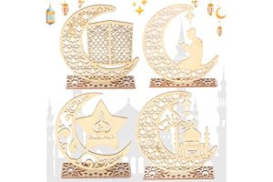 SOUNDZERO 4 Stück Ramadan Dekoration Holz Set, Ramadan Mubarak Holz Dekoration, Holz Eid Mubarak Tischdekoration, Eid DIY Dekorationen mit Mond Stern, Geeignet für Zuhause, DIY-Geschenk, Frauen