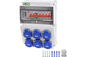RSE Rozdzielacz prądu budowlanego rozdzielnica ścienna w pełni okablowany 230 V Schuko z licznikiem do wyboru IP65, 9. 6 x 230 V z LS + FI + licznikiem