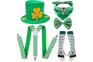 Qpout Accessoires de Costume de la Saint-Patrick, Chapeau de trèfle de Lutin, Bretelle, Gants de Bras rayés, nœud Papillon Vert et écharpe carrée, pour Enfants Femmes Hommes fête de la Saint-Patrick