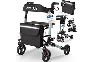 Arebos Lekki rollator, aluminium, 6-stopniowa regulacja wysokości, wygodne siedzisko, uchwyt na laskę, zdejmowana torba na zakupy, składana, gotowa do natychmiastowego użycia, kolor czarny