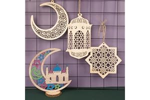 BHGT 4 Eid Mubarak Decoración Madera + Adornos Colgantes Eid Mubarak Ramadán para Decoración Mesa Puerta Pared