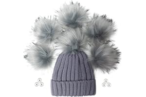 Furryvalley Kunstfell-Pompon, 6 Stück, zum Basteln, flauschige Bälle für Mütze, Schuhe, Schals mit Druckknopfverschluss, abnehmbare Strickmütze, Zubehör, 15,2 cm, extra groß (grau)