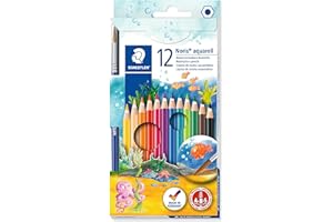 Staedtler Noris Aquarell, Crayons de couleur aquarellables avec système anti-casse, Utilisables à sec ou l'eau, Étui carton avec 12 crayons et 1 pinceau, 144 10NC12