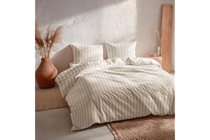 GAMUSI Juego Funda nórdica Cama 105 100% algodón - Funda Almohada 45x125 cm, Estampado Rayas Color Beige