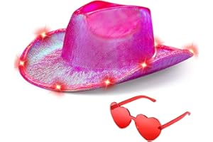 SILOM Cowboy Hat Women Sparkly Cowgirl Hats Space Neon Glitter Light Up Hats with Heart Glasses Fancy Metallic Holographic Disco Halloween Birthday Bachelorette Party