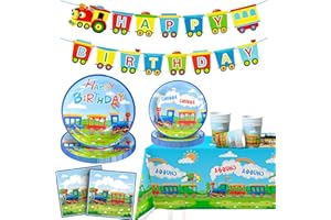 HUXOLYNIFTY Train Party Supplies,16 Guests Train Party Tableware Set - Trains Birthday Plates Cups and Napkins Tablecloth etc Birthday Decorations Tableware for Boys/Girls Kids