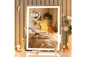 Hasipu Kosmetikspiegel mit Beleuchtung, 27 x 35cm LED Schminkspiegel mit 10facher Vergrößerung, Smart Touch 3 Farben dimmbar, 360ｰ drehbar, Weiß