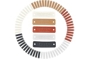 LUFFLOK 70 Stück Handmade Label zum Annähen, Bunte Häkel-Tags aus PU Leder mit Löchern, 5 Farben Hand made Etikette für Stricken, DIY, Basteln, Häkelarbeiten, Stoff, Hüte, Taschen, Kleidung (70 Stück)