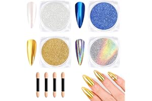 BISHENGYF Dorado Efecto Espejo UñAs: Láser Brillante Holográfico Polvo Para UñAs Efecto Espejo Metálico Azul Hielo, Kit de Polvo Holográfico Iridiscente con Pigmento Perlado Blanco, Decoración de Uñas