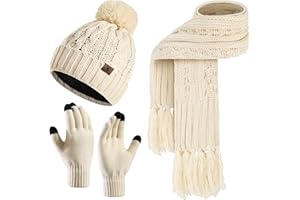INSISMY Hat Scarf Gloves Set Women's Beanie Hat Long Scarf and Thermal Touch Screen Gloves Set 3 PCS Soft Warm Winter Knitted Pom Cap Set for Ladie