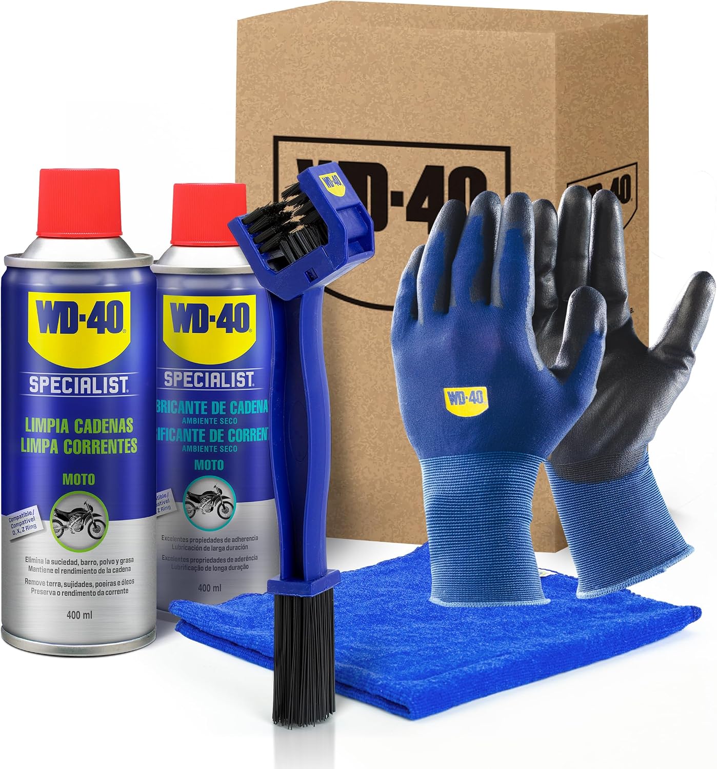 WD-40 Specialist Motorbike Kit Mantenimiento Cadena Moto Ambiente Seco (Limpia Cadenas + Lubricante de Cadenas Ambiente Seco + Cepillo Limpia Cadenas + Guantes de Trabajo +Paño de Microfibra)