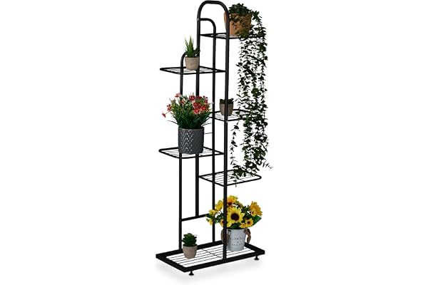 Relaxdays blomsterställ, svart | 6 hyllor för upp till 7 blom- och växtkrukor, metall, växttrappa, 109,5x44x22 cm
