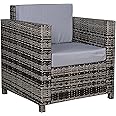 Outsunny Single Seater Rattan Chair, PE Wicker Garden Armchair with 10 cm Thickened Cushion, All-Weather Rattan Garden Chair with Armrests, Grey