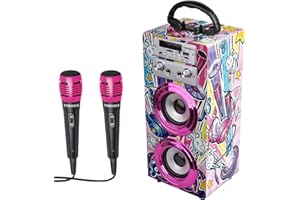 PARTY TOWN Trendix - Karaoke per Bambini Party Edition | Karaoke Con Microfono | Microfono Con Cassa Bluetooth, Radio FM, USB | Karaokes Bambini 2 Microfoni | Regalo Bambina 10 Anni Rosa