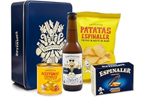 Espinaler cesta gourmet aperitivo | Pack regalo con cerveza artesana taberna, patatas fritas, aceitunas rellenas de anchoa y mejillones en salsa gallega en caja para regalar