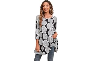 Enmain Damska tunika na co dzień top 3/4 długi rękaw długa bluzka damska swing tunika top luźna bluzka koszulka okrągły dekolt rozciągliwa wygodna wakacje