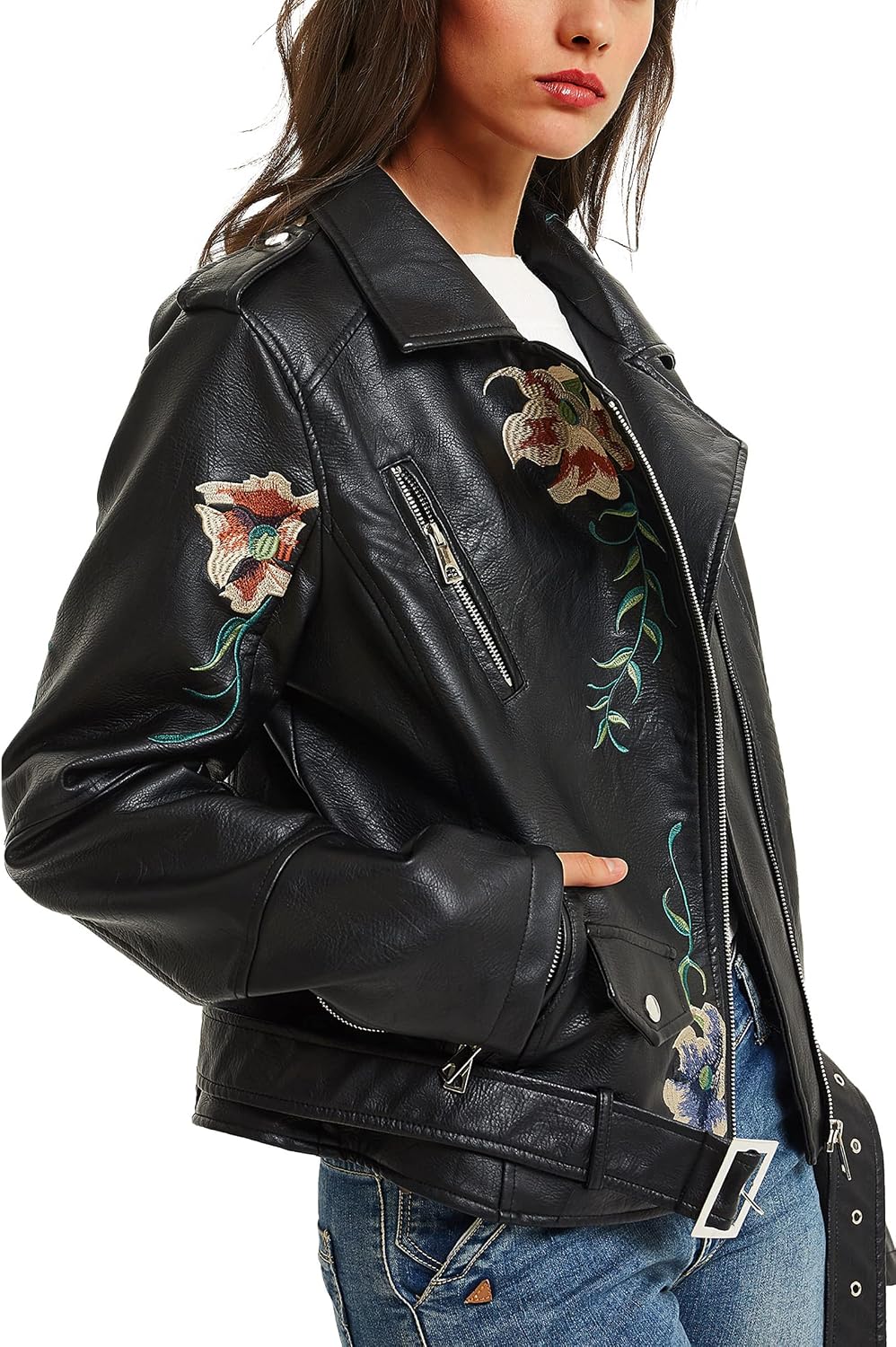 BELLIVERA Chaqueta de Cuero PU para Mujer, Chaqueta con Bolsillos con Cremallera, Chaqueta Corta para el Otoño, Primavera