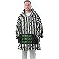Beetlejuice Wearable Blanket Hoodie | Mens Black & White Stripe Pullover with Beetle and Snake All Over Graphics | Adults One Size Sherpa Lined Hooded Loungewear | Comedy Horror Movie Merchandise