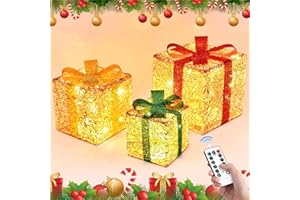 JONRRYIN Set di 3 Scatole Regalo Illuminate di Natale, Pacco Luminoso Con 50 LED, Telecomando, 8 Modalità di Illuminazione, per Esterni Interni Albero (3KIT)