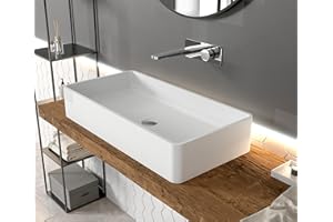 BERNSTEIN - Vasque Lavabo à poser, Lave main et bonde de vidage chrome, Salle de bain & toilettes - Blanc mat, 80x40x14,5cm - Résistant, durable, Evier universel, Pierre solide, Rectangulaire - PB2013