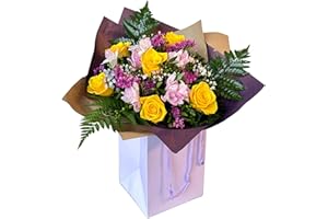 DAILY FLOWERS Astonishing Fresh Bouquet Yellow Roses Purple Limonium, Bright Flowers | Distinctive Floral Celebration Birthdays, Thank You, Anniversary, Autumn Arrangement, Mum Gifts
